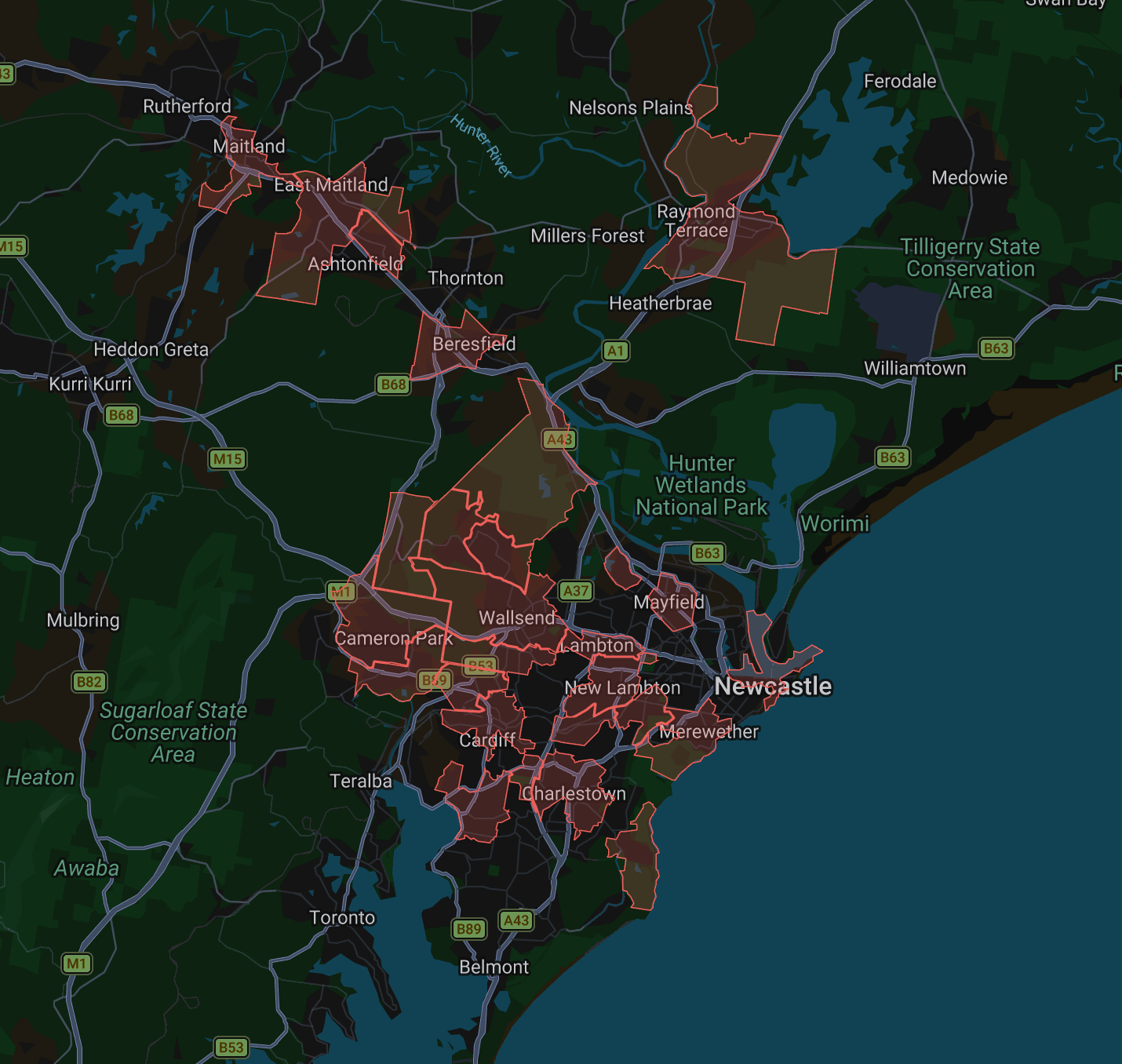 Map of CTP Plumbing service areas across Newcastle and the Hunter Region